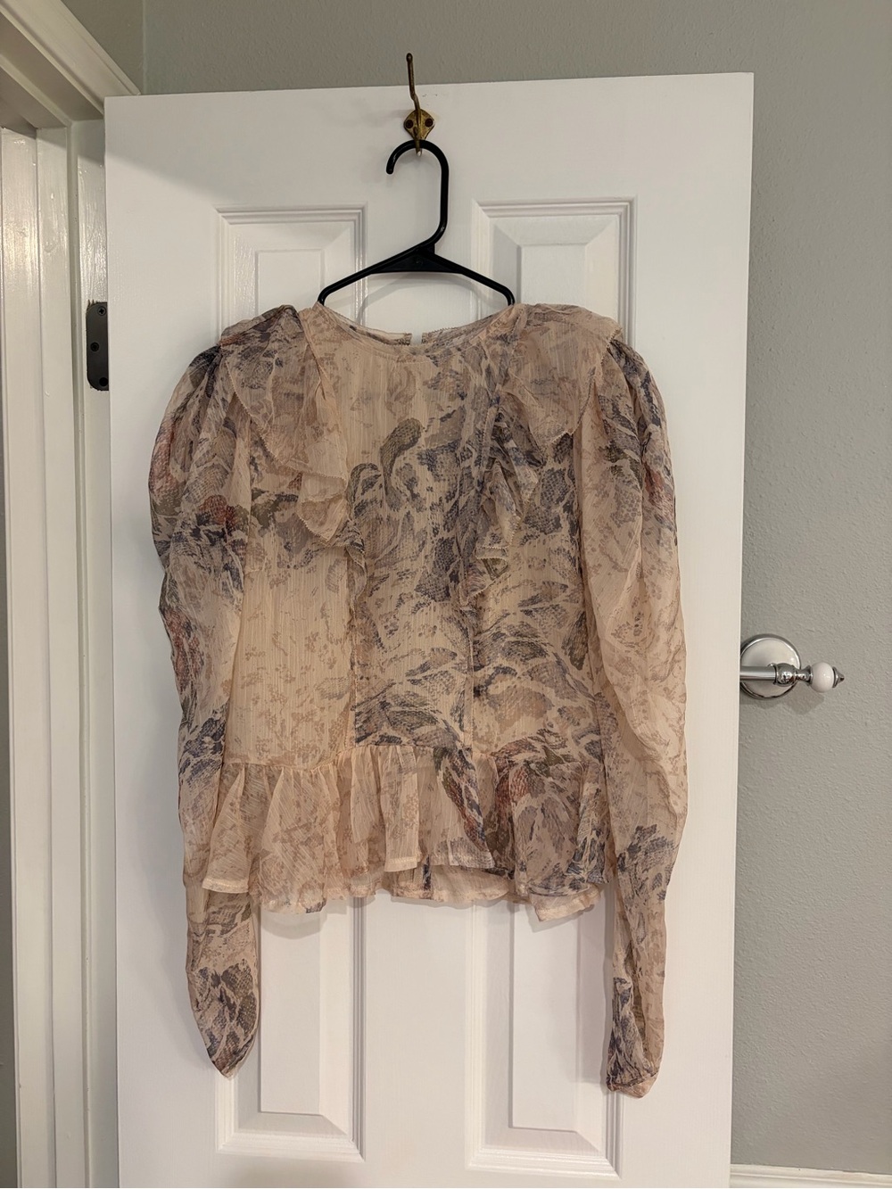 Karlie Sheer Floral Mock Neck Puff Sleeve Blouse Top Large L